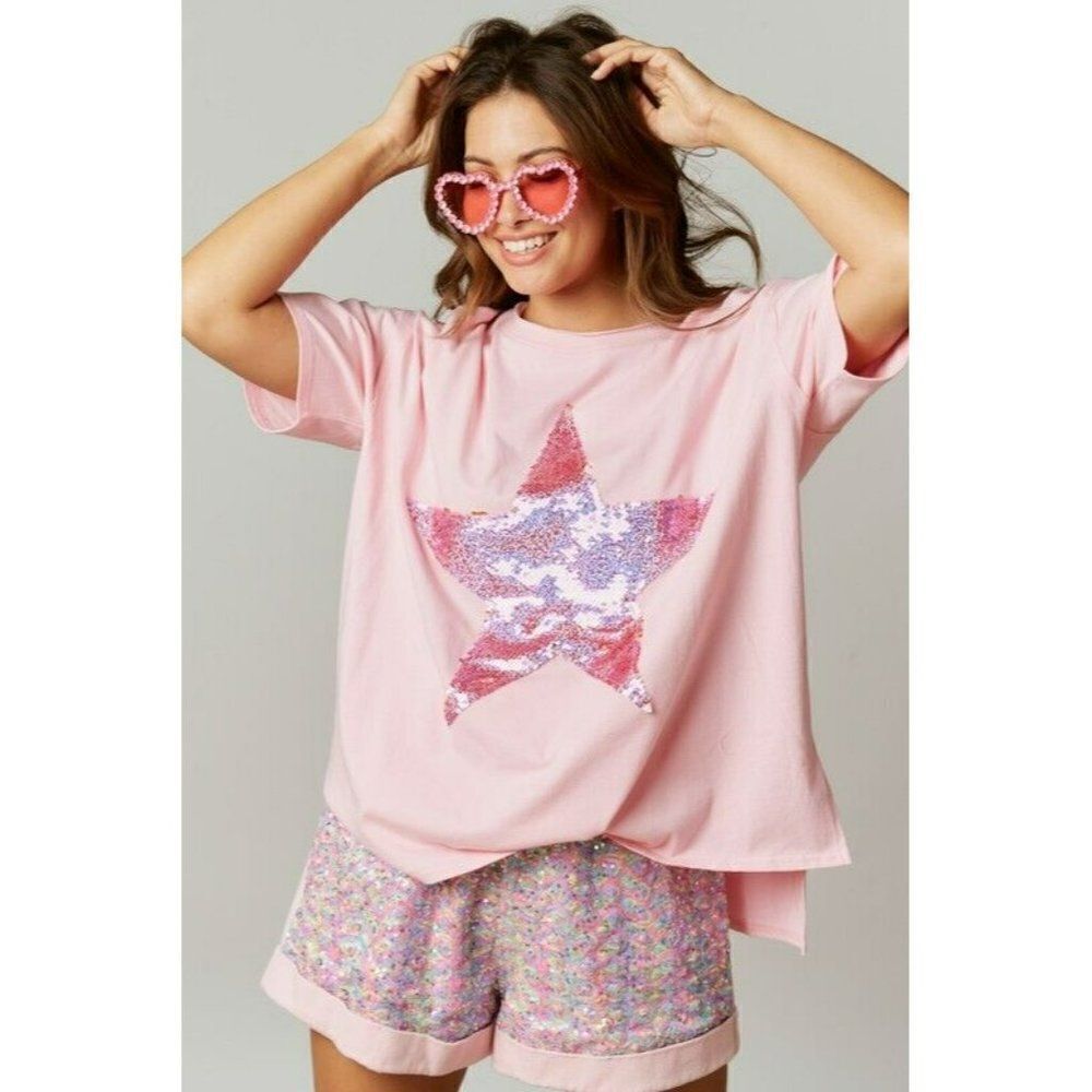 Fantastic Fawn Harper Sequin Star Patch Tee in Pink IFKT51640-04 - Picture 2 of 7